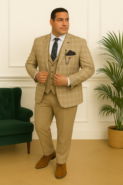 Costume trois pièces beige à carreaux pour homme – vue de face complète avec veste