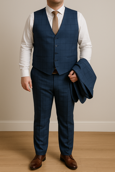 Costume bleu à carreaux trois pièces avec gilet et cravate marron – vue sans veste – Hafsoit Mode