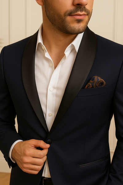 Gros plan sur le costume bleu nuit pour homme, mettant en valeur le col noir satiné et la texture du tissu.