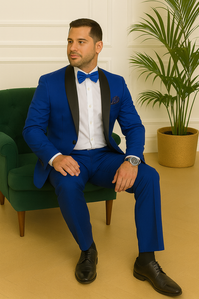 Homme élégant assis sur un fauteuil vert portant un costume bleu roi à col noir satiné, ambiance showroom chic.