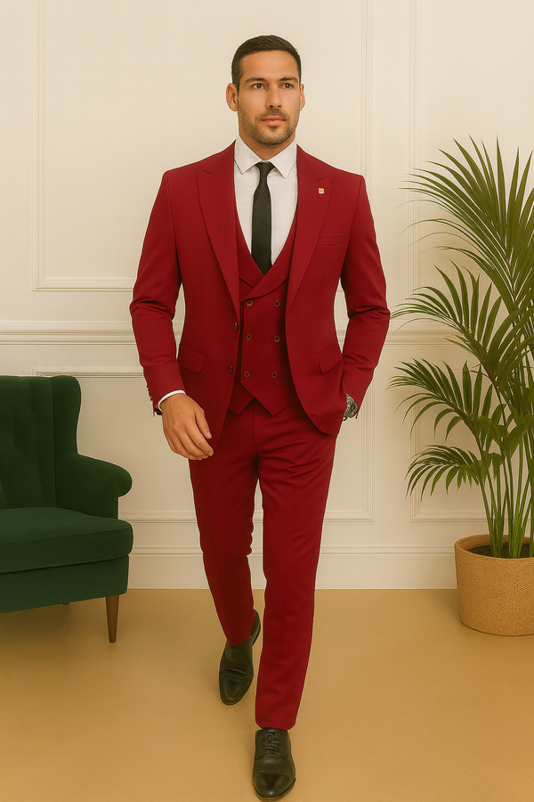 Costume rouge bordeaux élégant pour homme – mannequin marchant vers l’avant avec confiance