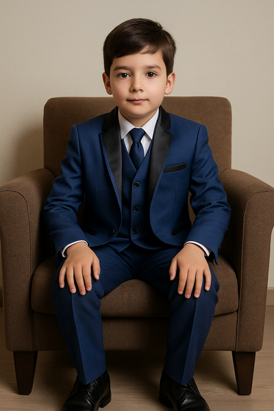 Garçon assis élégamment vêtu d’un costume bleu marine 3 pièces.