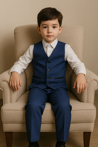 Garçon assis avec gilet bleu marine et pantalon assorti, chemise blanche chic.