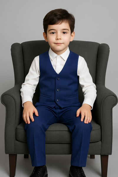 Garçon assis portant un costume bleu royal élégant et moderne.