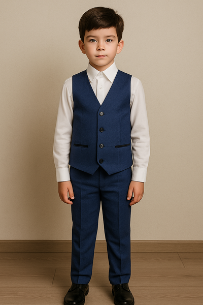 Garçon portant un gilet bleu marine assorti avec une chemise blanche élégante.