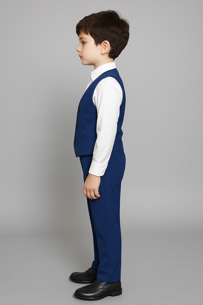 Garçon vu de profil portant un gilet et un pantalon bleu royal.