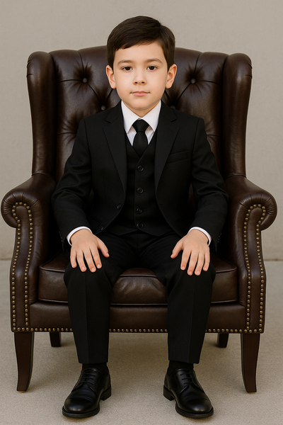Garçon en costume de cérémonie noir assis sur un fauteuil, look élégant et chic.