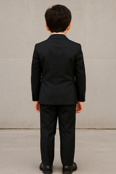 Costume noir élégant pour enfant, vue de dos, coupe classique.