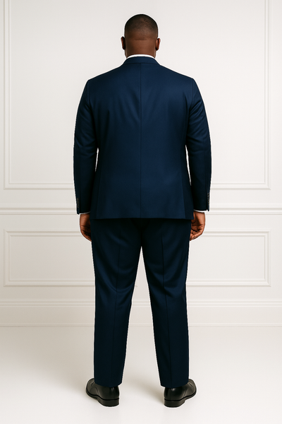 Costume 3 pièces slim fit bleu foncé, vue de dos élégante, coupe ajustée.