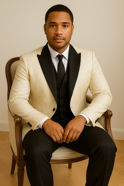 Costume homme ivoire brocart à col satiné noir – mannequin assis sur un fauteuil élégant, regard droit, tenue chic de cérémonie.