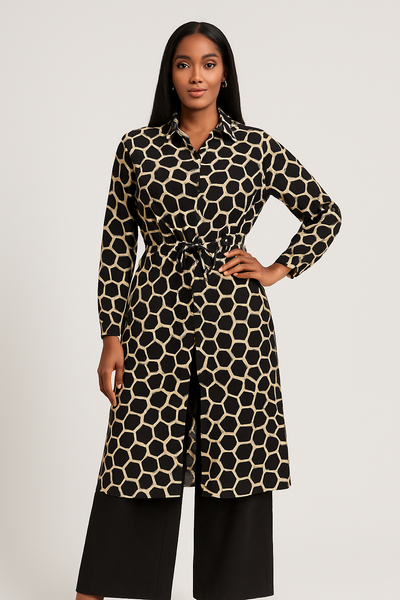 Ensemble femme chic imprimé girafe noir et beige – tunique longue boutonnée en viscose effet lin avec pantalon fluide noir