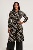 Ensemble femme chic imprimé girafe noir et beige – tunique longue boutonnée en viscose effet lin avec pantalon fluide noir