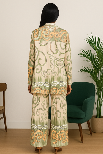 Vue de dos d’un ensemble en satin beige imprimé vert et orange, chemise longue et pantalon large, porté par une femme.