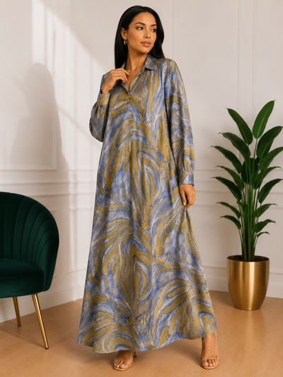 Robe chemise longue grande taille bleu mélangé en viscose et coton, taille unique du 36 au 48.