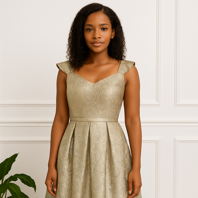 Plan rapproché sur le haut de la robe dorée brocard Hafsoit Mode, avec décolleté en cœur et tissu à motifs arabesques.