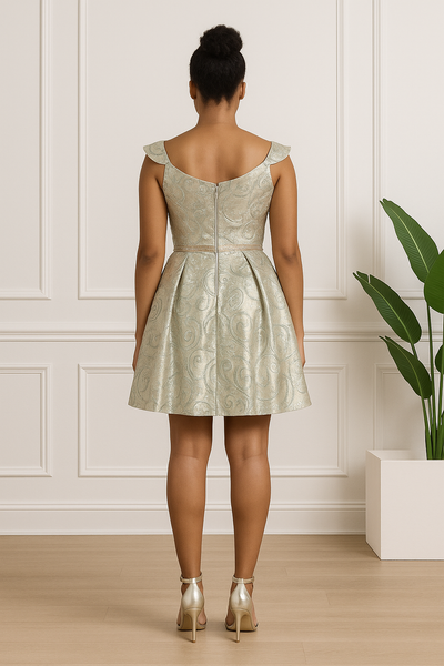 Vue de dos de la robe dorée brocard Hafsoit Mode, fermeture éclair visible jusqu’à la taille, fond officiel blanc et bois clair.