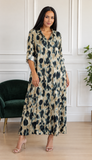 Robe longue beige et noirleu roi à motifs abstraits pour le printemps-été