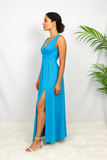 Vue de profil robe longue style empire bleu ciel fluide élégante
