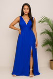 Robe longue style empire bleu roi avec décolleté en V et ceinture large