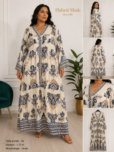 Différentes vues de la robe longue bohème grande taille bleue : face, dos, profil et détails.