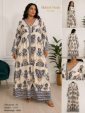 Différentes vues de la robe longue bohème grande taille bleue : face, dos, profil et détails.