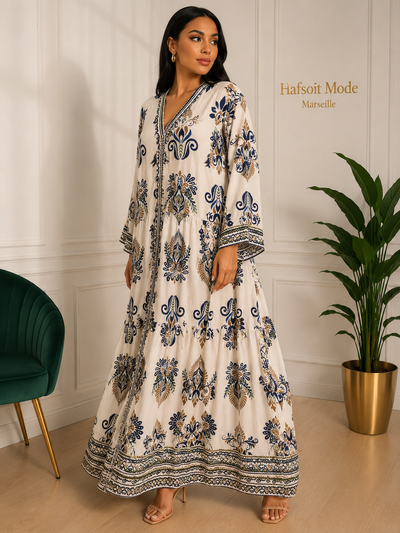 Robe longue bohème grande taille bleu, col V, coupe fluide, taille unique du 38 au 54.