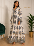 Robe longue bohème grande taille bleu, col V, coupe fluide, taille unique du 38 au 54.