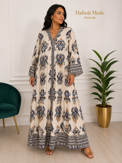 Vue de profil de la robe longue bohème grande taille bleue avec col V et manches longues.