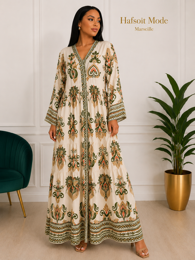 Vue de profil de la robe longue bohème grande taille bleue avec col V et manches longues.