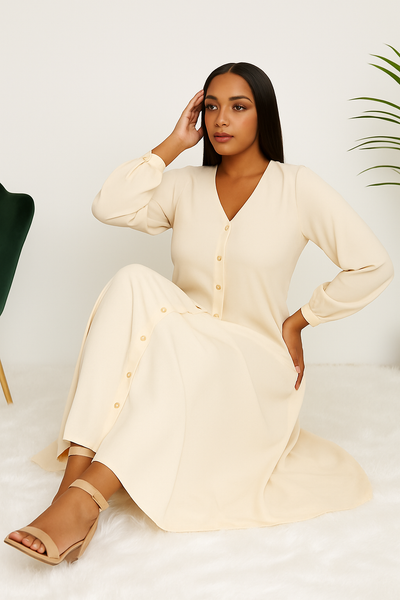 Femme assise en robe longue fluide crème, chic et confortable.
