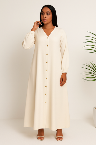 Femme en robe longue boutonnée crème, col en V et boutons dorés, style élégant.
