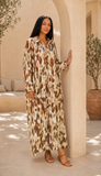 Robe longue camel et marron à motifs abstraits avec manches longues
