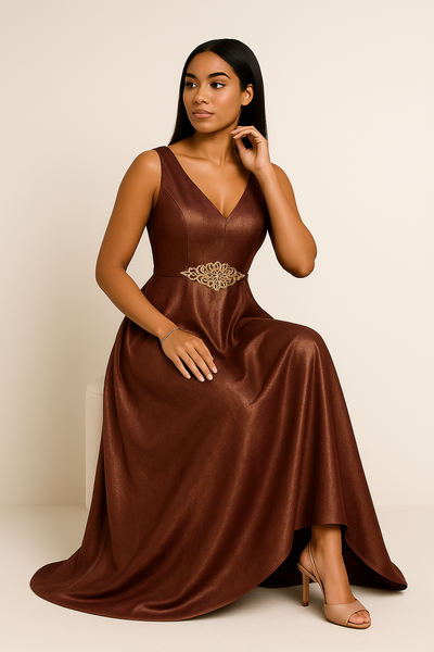 Femme assise en robe satinée chocolat élégante – Hafsoit Mode