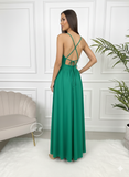 Robe longue fluide multiposition verte émeraude, dos croisé ajustable.