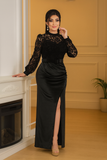 Robe longue noire en velours et dentelle – vue de face debout