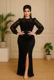 Robe longue noire en velours et dentelle – vue de face