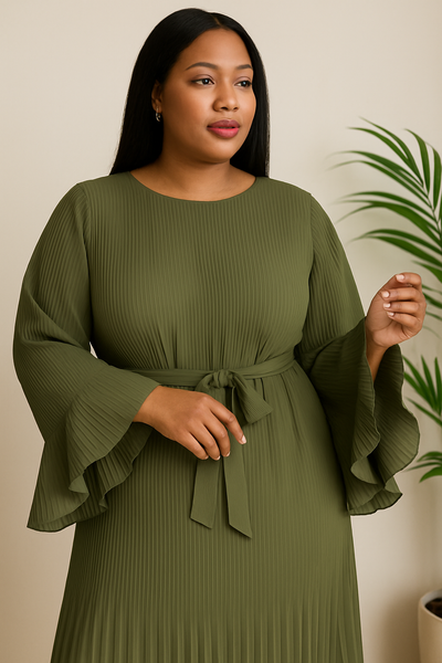 Hafsoit Mode – Robe longue plissée à manches évasées – Élégance fluide – Taille unique (36–46) – Rose ou Vert Olive