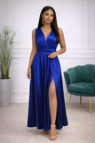 robe longue satinée bleu roi avec fente et décolleté v femme élégante