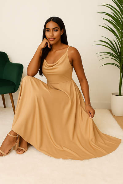 Femme élégante assise portant une robe longue satinée camel, fluide et chic, avec bretelles fines et encolure drapée