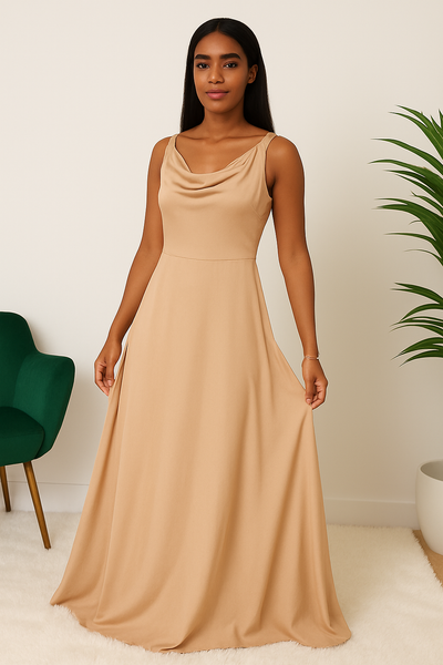 Gros plan sur l’encolure drapée d’une robe longue satinée camel, mettant en valeur le décolleté avec élégance.