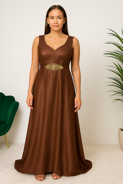 Robe longue chocolat satinée vue de face – Hafsoit Mode