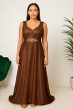 Robe longue chocolat satinée vue de face – Hafsoit Mode