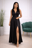 robe longue satinée noire avec fente et décolleté v élégante