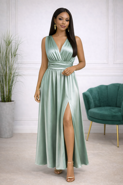 robe longue satinée vert eau fluide avec fente et coupe élégante