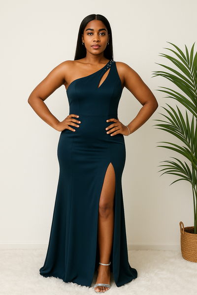Robe longue une épaule bleu nuit avec fente élégante – vue de face