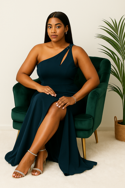 Robe élégante une épaule bleu nuit, femme assise sur fauteuil de luxe
