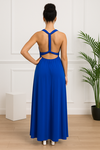 Robe longue multiposition bleu roi avec dos nu croisé