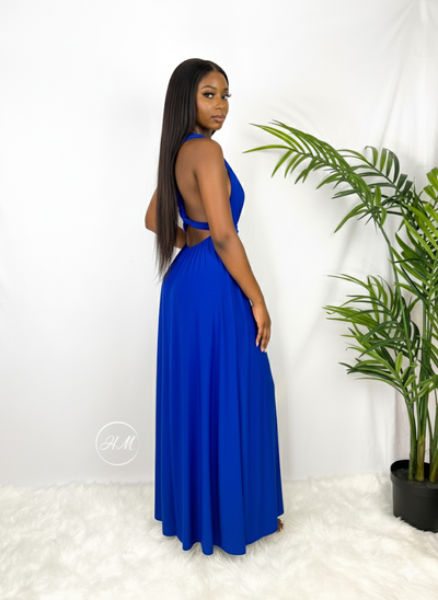 Robe longue multiposition bleu roi vue de profil