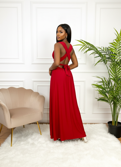 Robe longue multiposition rouge bordeaux dos croisé glamour