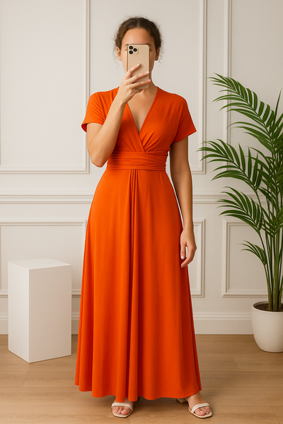 Robe longue multiposition terracotta vue de face, élégante et fluide